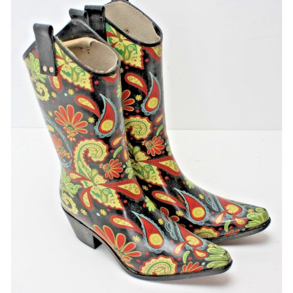 Nomad Boots Womens size 7 Black/Pink/Green Flower Rodeo Western Cowboy Rain - Picture 2 of 8